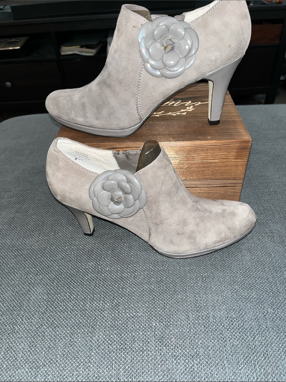 AK Anne Klein Light Taupe Suede Ankle Booties with Floral Accent